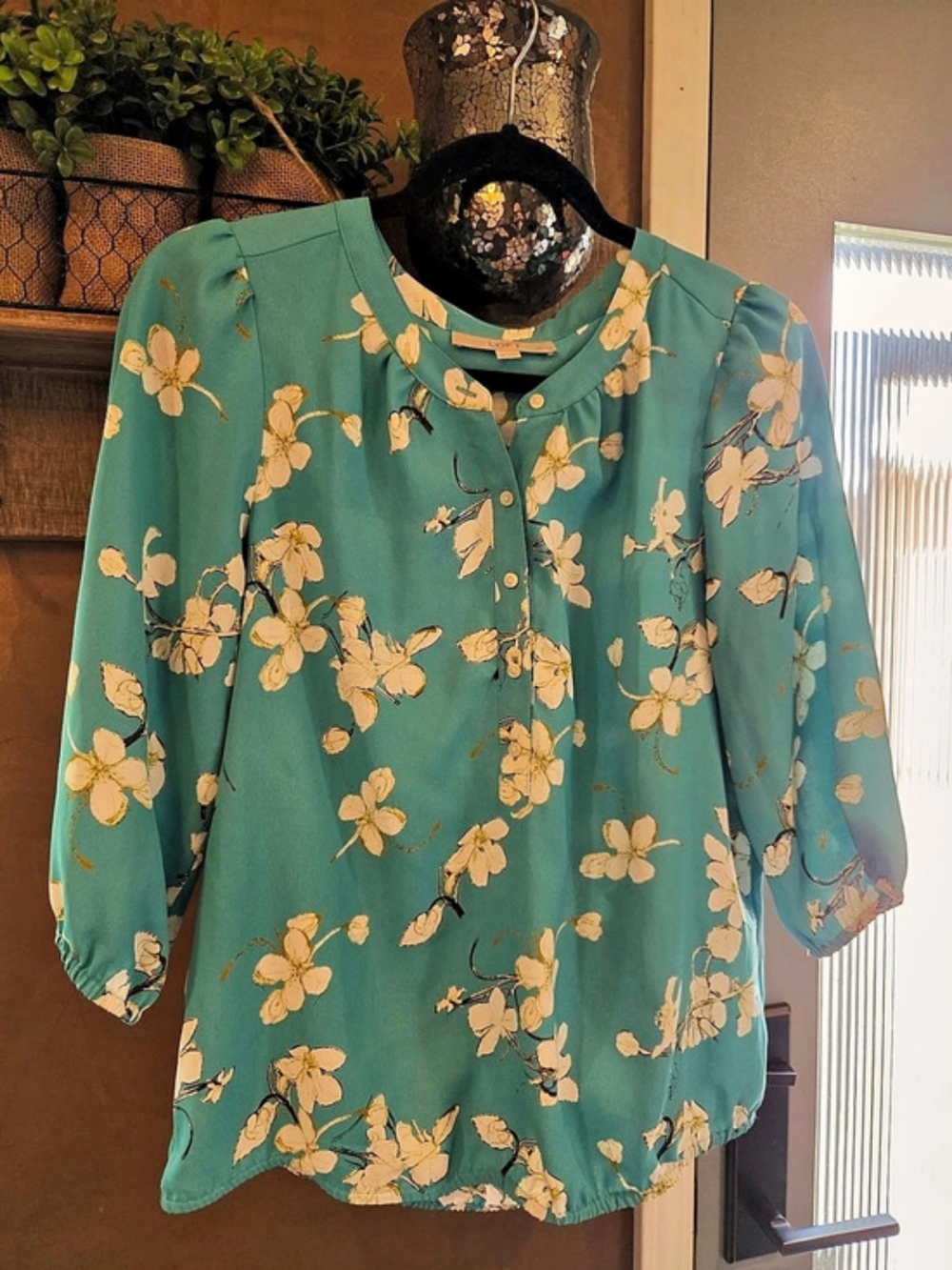 LOFT Floral Button-Front Blouse in Green & Yellow Petite